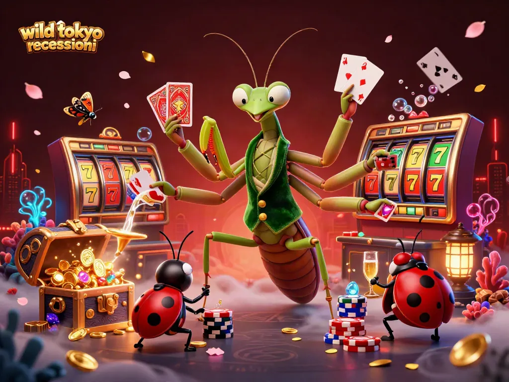 Experience wild tokyo recensioni with a vibrant casino scene, showcasing a cartoon mantis dealer and ladybug pit boss.