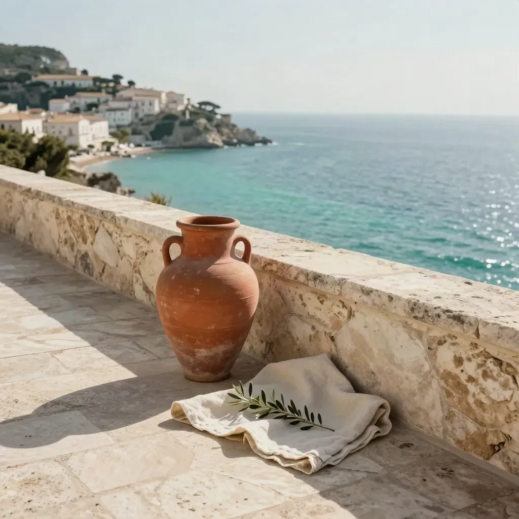 Terrazza in pietra leccese con anfora, ulivo, lino e cala turchese sul borgo bianco.