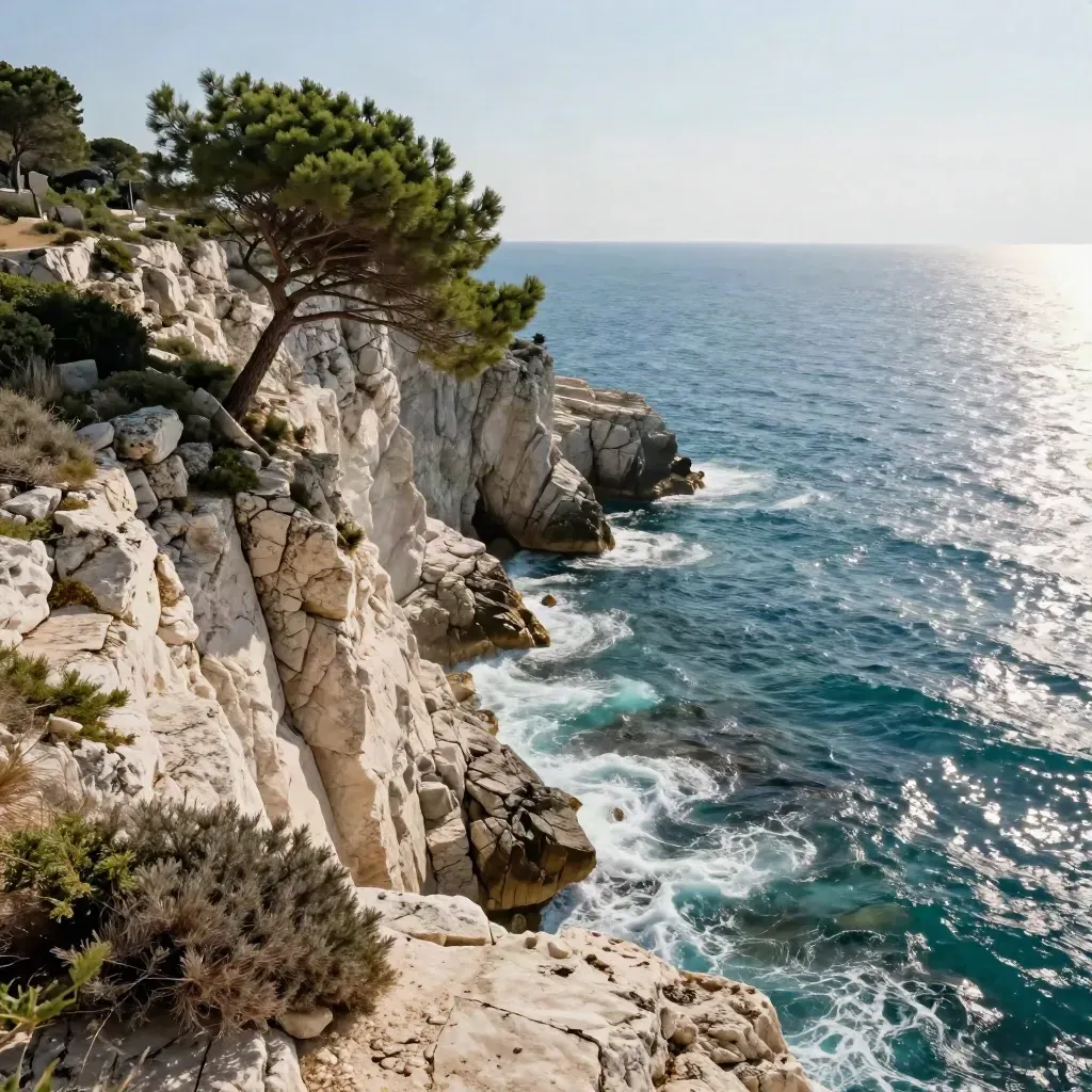 Cala del Gargano con falesia chiara, pino piegato dal vento e mare diagonale sotto sole di mezzogiorno.