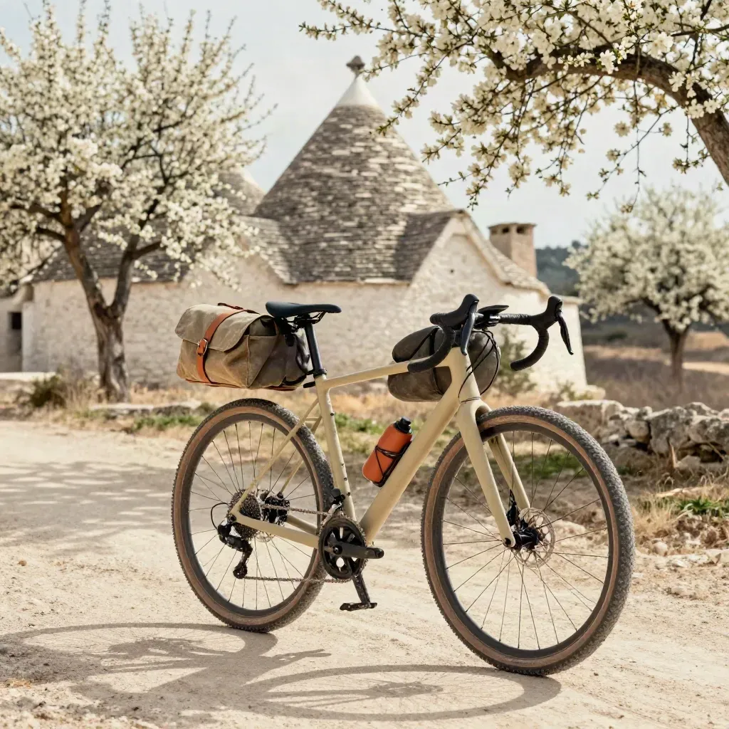 Gravel bike sabbia accanto ai trulli, ruota in lento movimento sulla strada bianca.