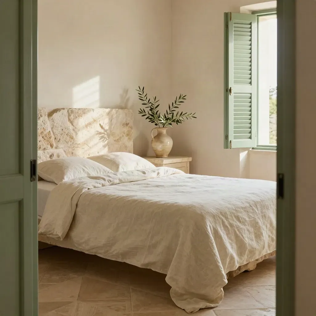 Camera di masseria con letto in lino, testata in pietra, brocca di ceramica e ramo d’ulivo alla luce del mattino