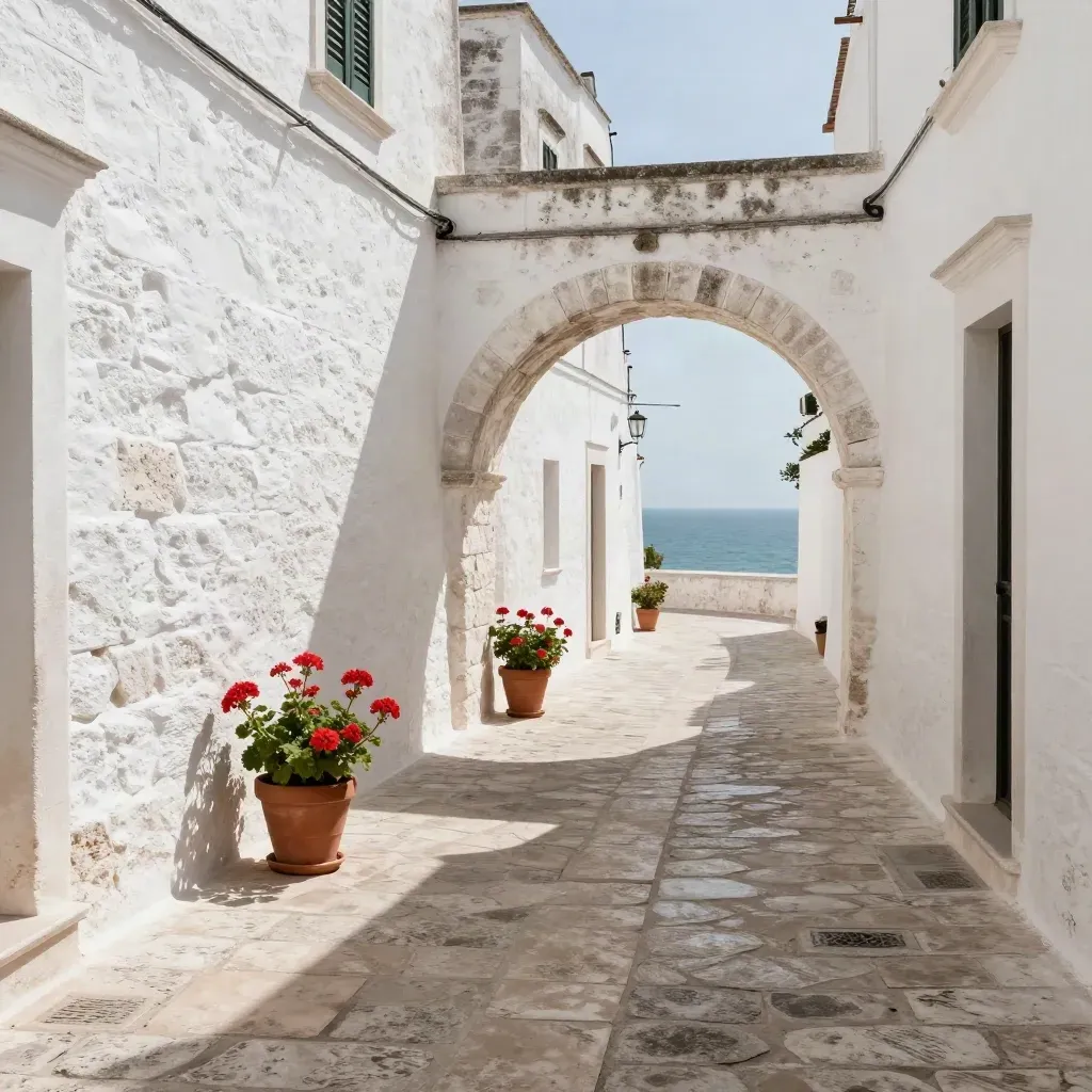 Vicolo bianco di Puglia con archi bassi, gerani e mare lontano