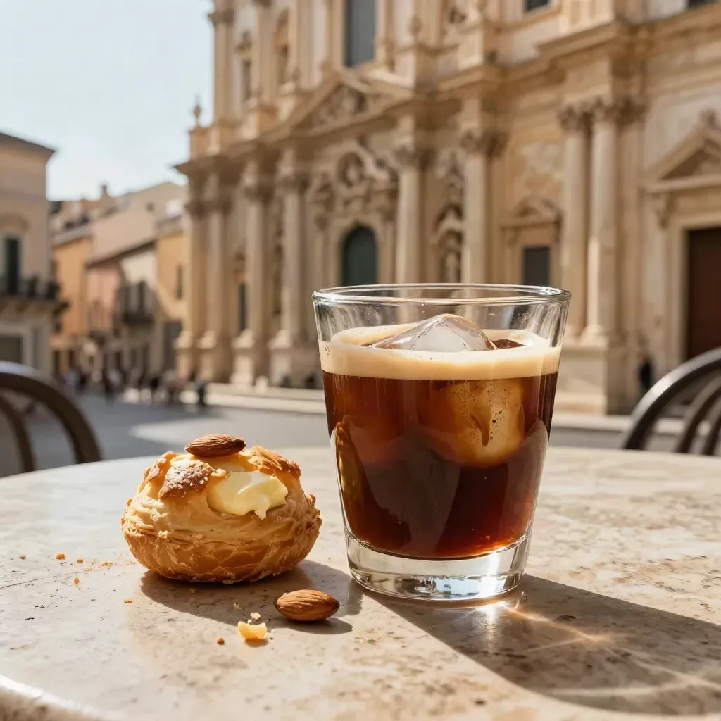 Caffè leccese e pasticciotto su tavolo di pietra davanti a facciata barocca sfocata.