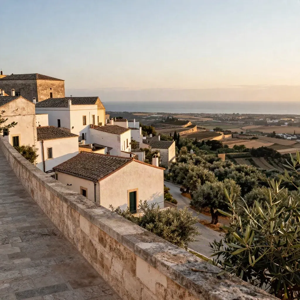 Ostuni al tramonto, mura bianche, tetti in pietra e ulivi verso il mare.