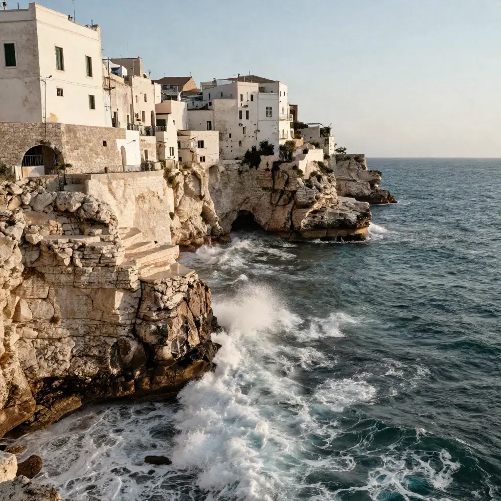 Costa di Polignano vista dal mare, onda che rompe sotto la falesia e case sospese sopra le grotte.