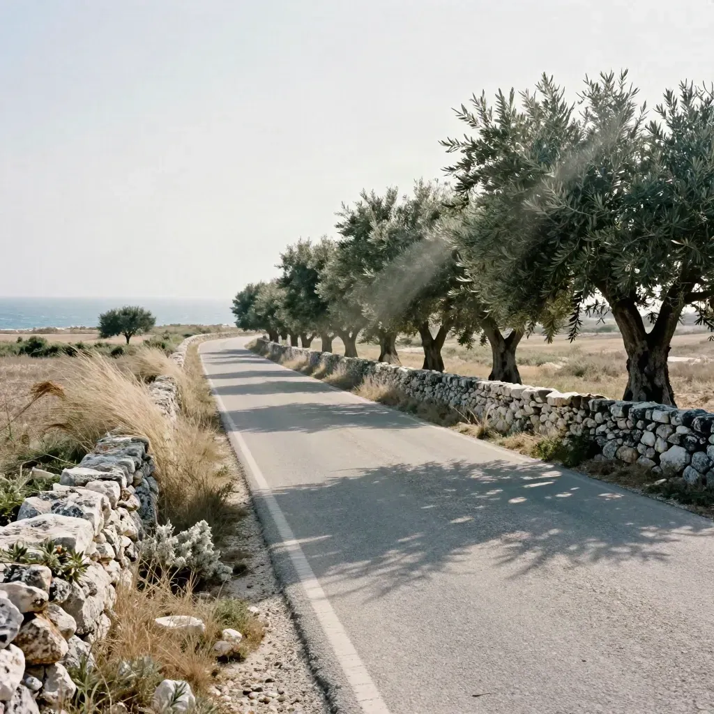 Strada del Salento tra muretti a secco, ulivi e costa chiara, vista obliqua