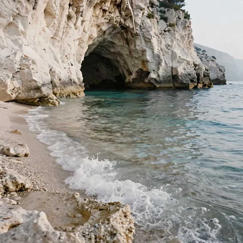 Baia del Capo vista rasente all’acqua, scogliera chiara e grotta appena accennata.