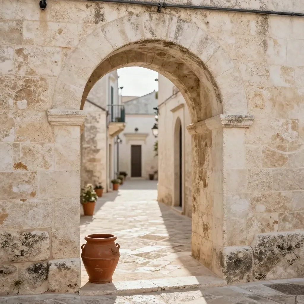 Vicolo di borgo con archi in pietra, vasi di terracotta e piazzetta luminosa