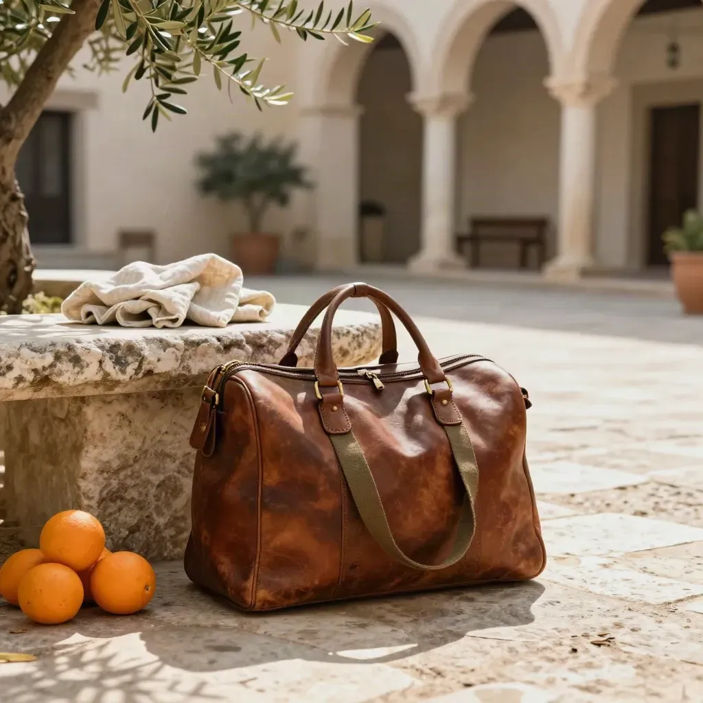 Borsa da viaggio e arance in una masseria salentina, con ulivi e panca di pietra.