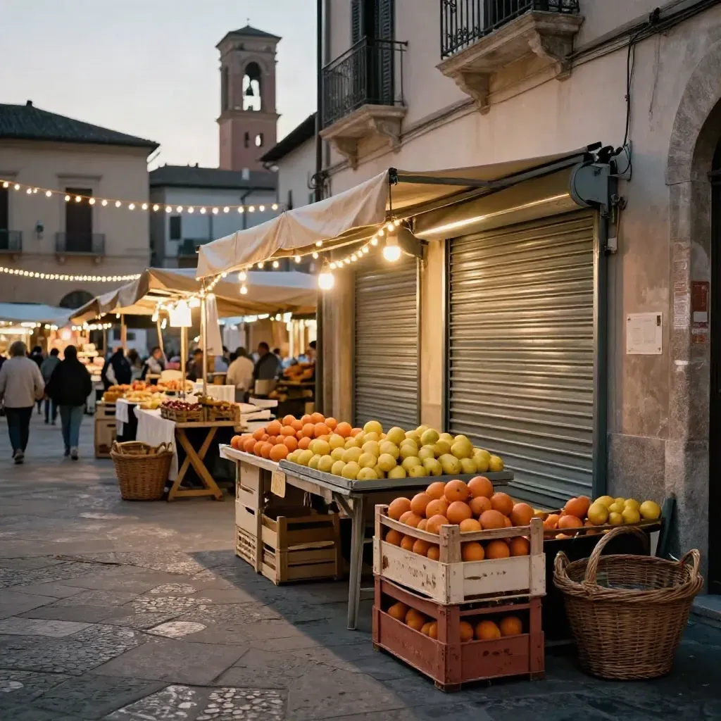 Piazza di paese al crepuscolo con bancarelle chiuse, agrumi e luci appese sotto il campanile.