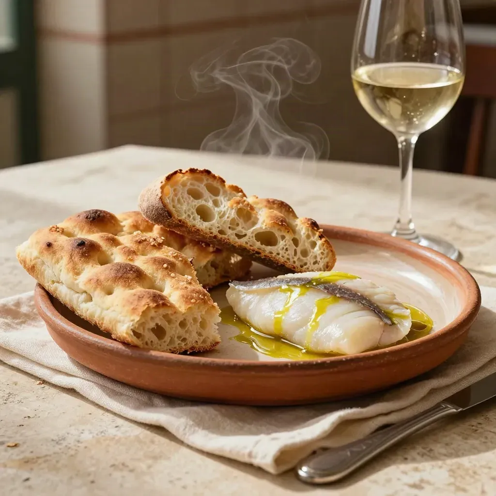 Tavolo di trattoria con focaccia, pesce servito e vino bianco, vapore che sale