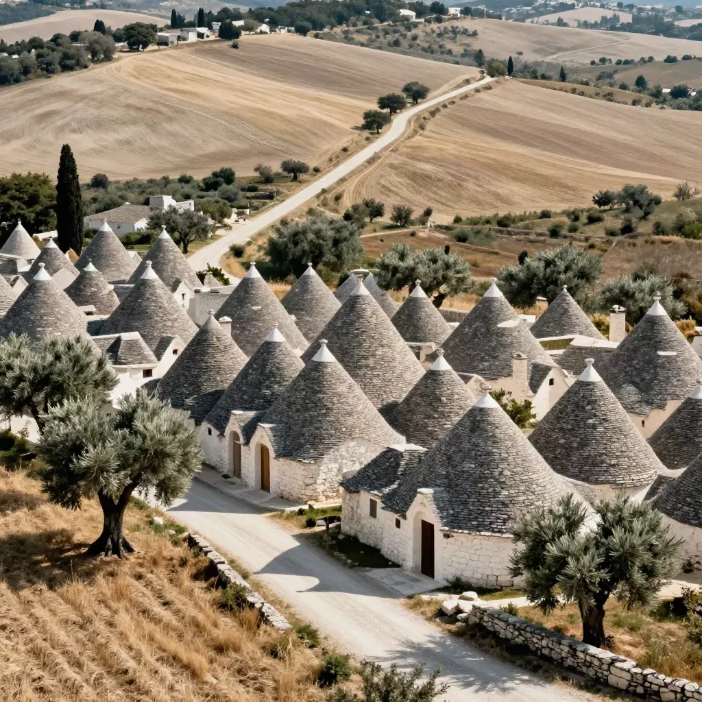 Veduta aerea dei trulli tra ulivi e strada bianca sinuosa nella campagna pugliese.