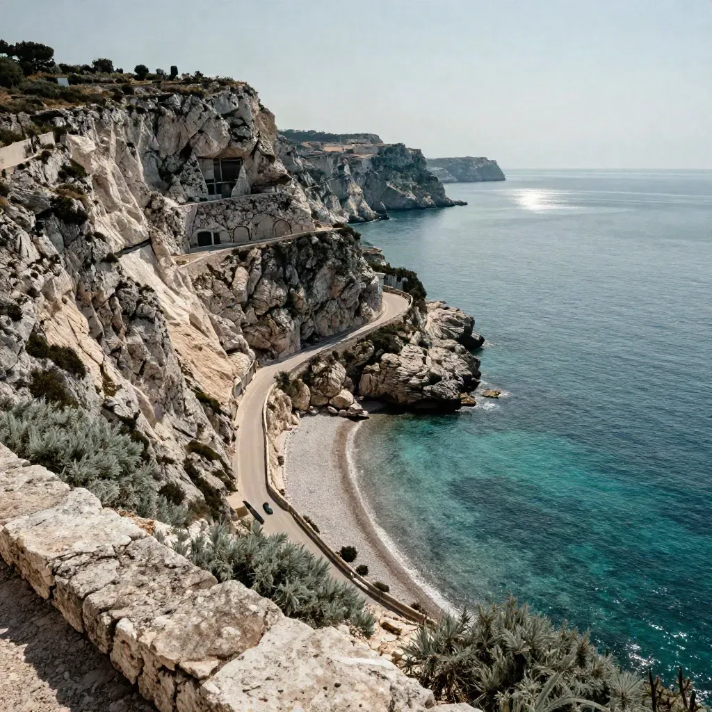 Scogliere pugliesi dall’alto con strada panoramica, accessi al mare e spiaggetta nascosta.