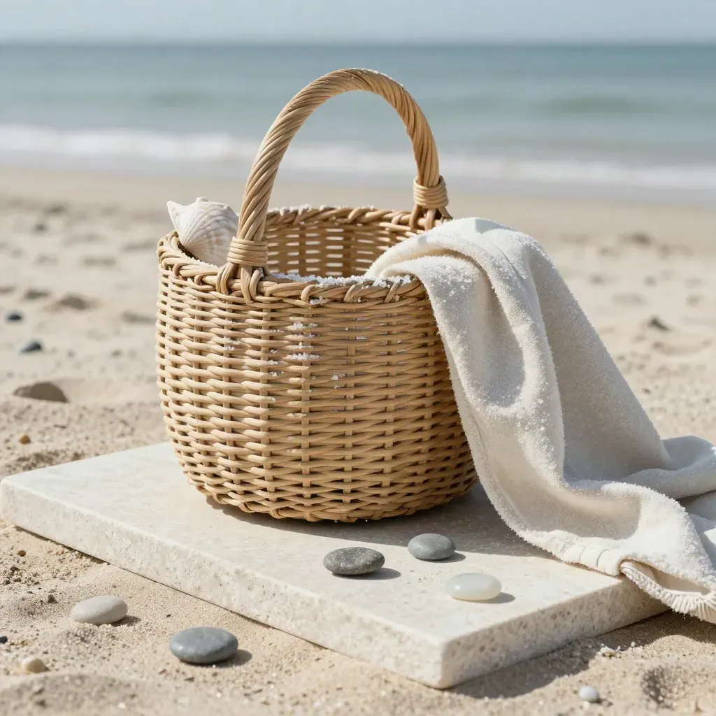 Cestino da spiaggia intrecciato con conchiglia, fouta e ciottoli su lastra di pietra.