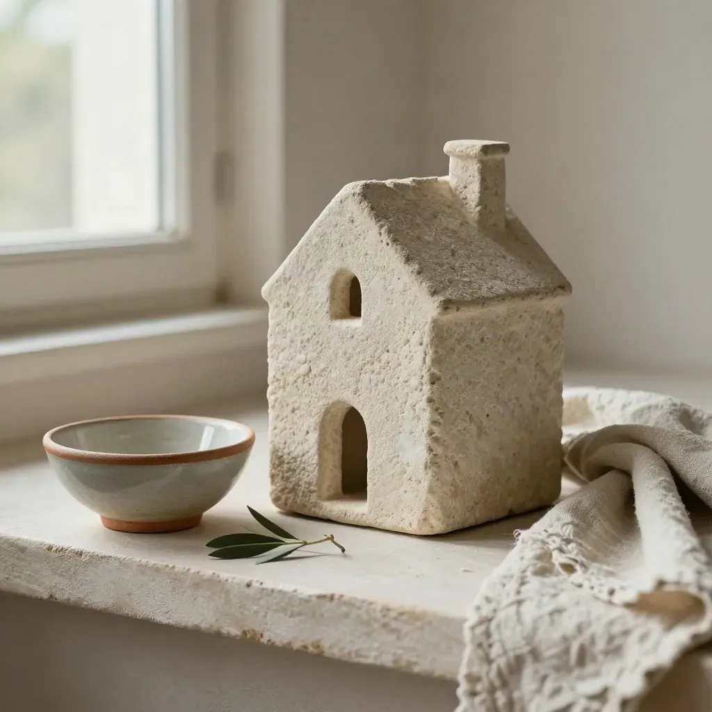 Casetta in pietra, foglia d’ulivo, ciotola in ceramica e lino su ripiano chiaro