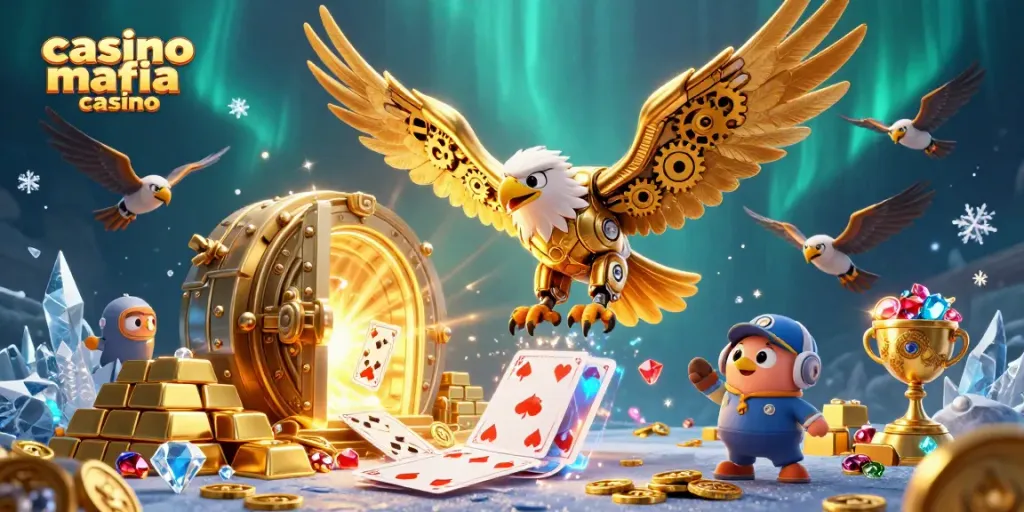 Win big at casino mafia casino with an epic 3D illustration showcasing dazzling treasures and powerful characters.